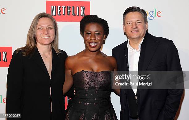 Of Original Content Cindy Holland, actress Uzo Aduba and Netflix Chief Content Officer Ted Sarandos walk the red carpet at Google/Netflix White House...