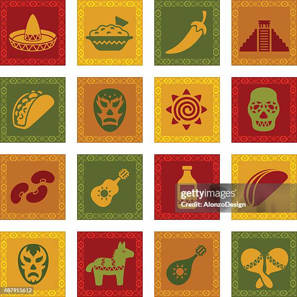 mexikanische icon-set - maraca stock-grafiken, -clipart, -cartoons und -symbole