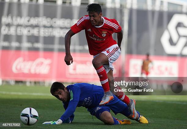 Benfica II's forward Francisco Vera with Academica de Viseu's goalkeeper Ricardo Janota in action during the Primeira Liga match between SL Benfiva...