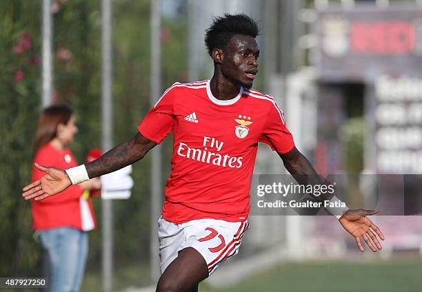 Benfica II's forward Sancidino Silva celebrates after scoring a goal during the Primeira Liga match between SL Benfiva II and Academica de Viseu at...