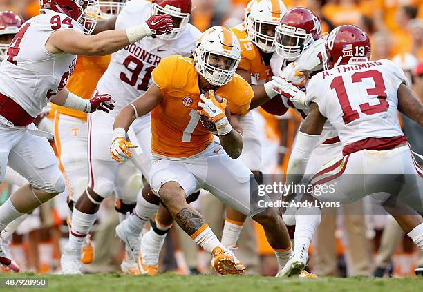 Jalen Hurd of the Tennessee Volunteers runs with the ball against the Oklahoma Sooners during the game at Neyland Stadium on September 12, 2015 in...