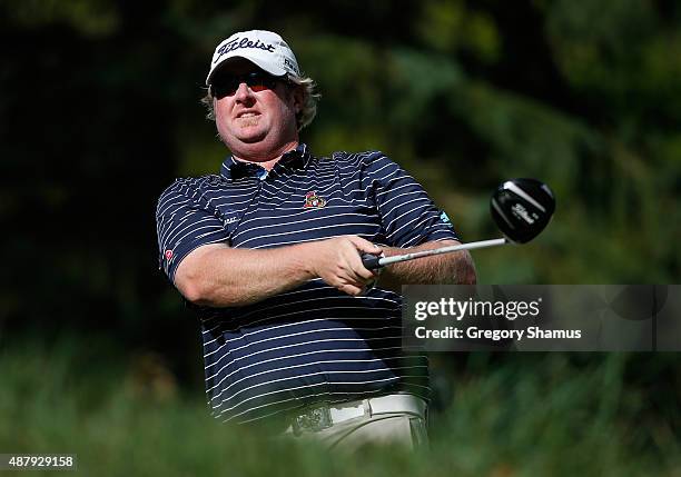 Brad Frisch of Canada watches his drive on the 16th hole during the third round of the Web.com Tour Hotel Fitness Championship at Sycamore Hills Golf...