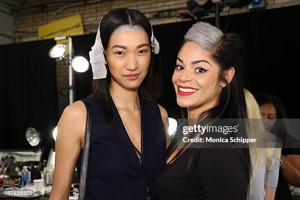 Models pose backstage at Francesca Liberatore Spring 2016 during New York Fashion Week: The Shows at The Dock, Skylight at Moynihan Station on...