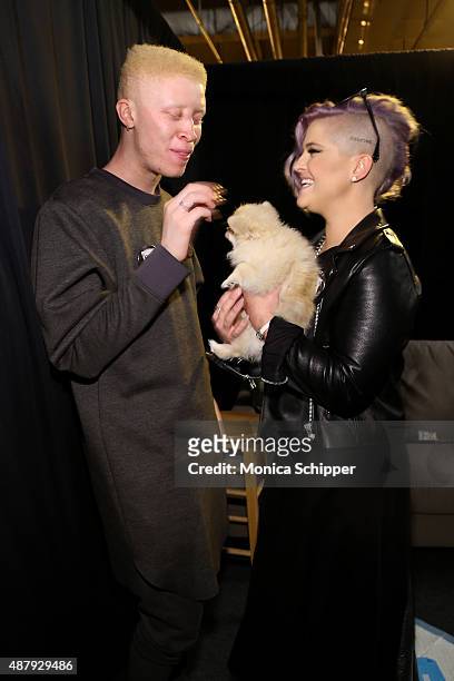 Model Shaun Ross and TV personality Kelly Osbourne with her dog Polly pose at Francesca Liberatore Spring 2016 during New York Fashion Week: The...