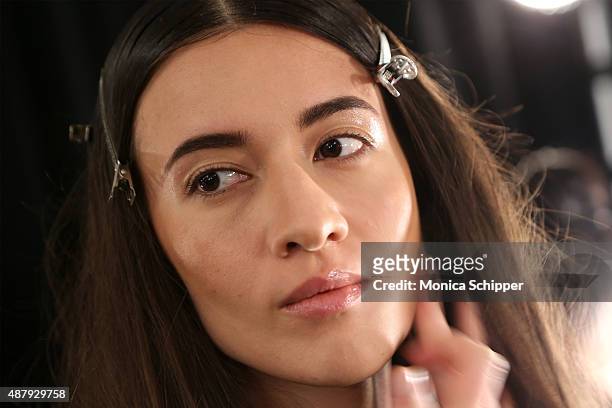 Model prepares backstage at Francesca Liberatore Spring 2016 during New York Fashion Week: The Shows at The Dock, Skylight at Moynihan Station on...
