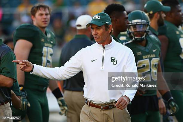 Head coach Art Briles of the Baylor Bears before a game against the Lamar Cardinals at McLane Stadium on September 12, 2015 in Waco, Texas.