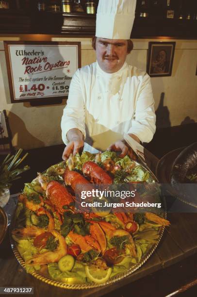 Platter of seafood at Wheeler & Co, an oyster bar on Old Compton Street, Soho, London, 1981.