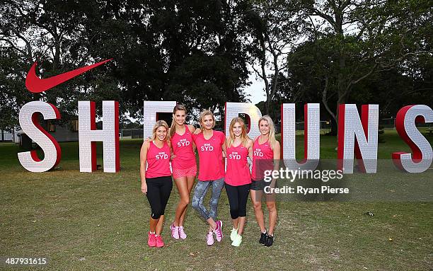 Nike Ambassadors Liberty Watson, Laura Dundovic, Cheyenne Tozzi, Carissa Walford and Ashley Freeman during 2014 Nike She Runs The Night on May 3,...