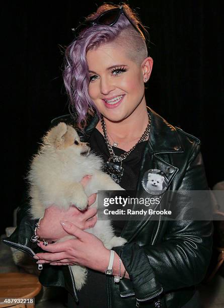 Actress Kelly Osbourne with her dog Poly O backstage at the Francesca Liberatore Runway Spring 2016 New York Fashion Week: The Shows at The Dock,...