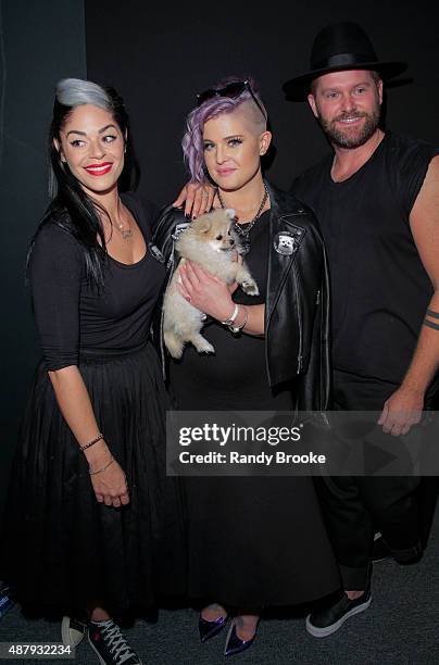 Actress Kelly Osbourne with her dog Poly O and guests backstage at the Francesca Liberatore Runway Spring 2016 New York Fashion Week: The Shows at...