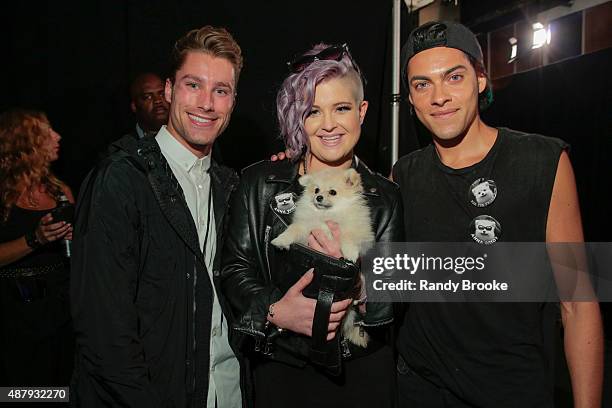 Actress Kelly Osbourne with her dog Poly O and pose with guests backstage at the Francesca Liberatore Runway Spring 2016 New York Fashion Week: The...