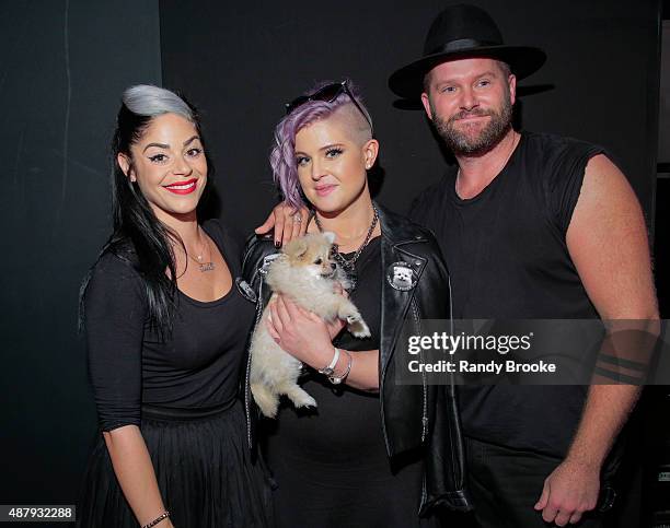 Actress Kelly Osbourne with her dog Poly O and guests backstage at the Francesca Liberatore Runway Spring 2016 New York Fashion Week: The Shows at...