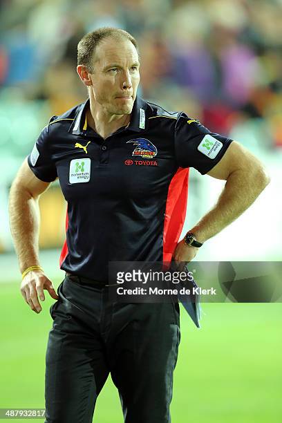 Brenton Sanderson of the Crows looks on after the round seven AFL match between the Adelaide Crows and the Melbourne Demons at Adelaide Oval on May...