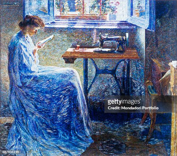 The Novel of a Stapler , by Umberto Boccioni 20th Century, oil on canvas, 150 x 170 cm Private collection. Whole artwork view. Young woman with a...