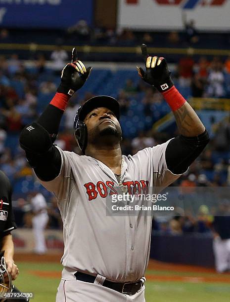 David Ortiz of the Boston Red Sox celebrates after hitting his 500th career MLB home run off of pitcher Matt Moore of the Tampa Bay Rays during the...