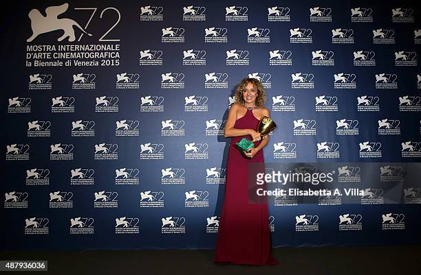 Winner of the Coppa Volpi for best Actress Award Valeria Golino attends the award winners photocall during the 72nd Venice Film Festival on September...