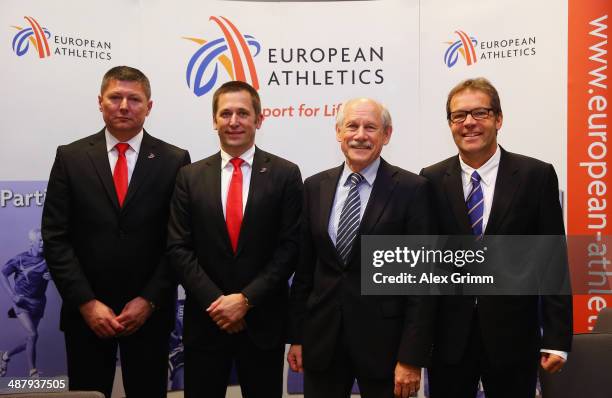 Slobodan Brankovic, secretary general Athletics Federation of Serbia, Veselin Jevrosimovic, president of Athletics Federation of Serbia, Hansjoerg...