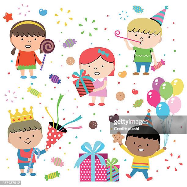 illustrazioni stock, clip art, cartoni animati e icone di tendenza di partito concetti, allegro gruppo di multi etnica bambini, festeggiare un compleanno - giorno dei bambini
