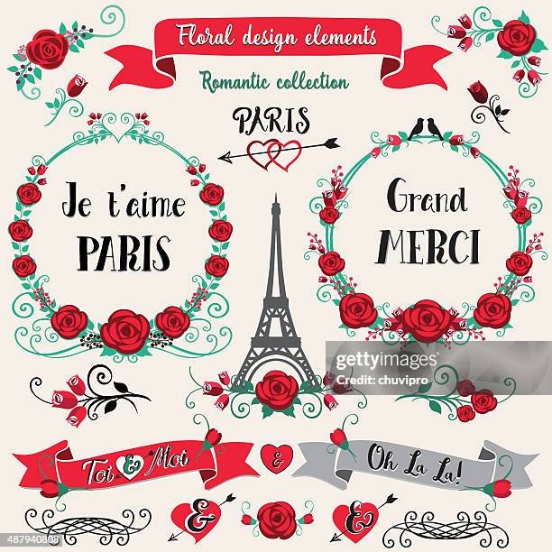 floral design elements paris romantic collection - rose arrangement stock illustrations