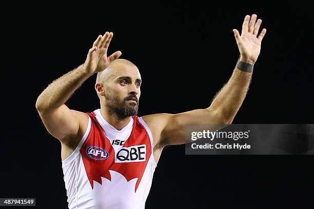 Rhyce Shaw of the Swans is chaired from the field after playing his 200th game during the round seven AFL match between the Brisbane Lions and the...