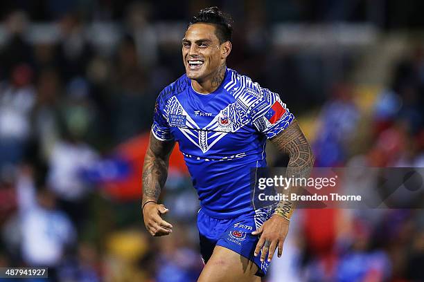 Reni Maitua of Samoa celebrates at full time following the International Test Match between Fiji and Samoa at Sportingbet Stadium on May 3, 2014 in...