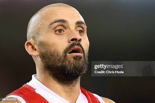 Rhyce Shaw of the Swans looks on during the round seven AFL match between the Brisbane Lions and the Sydney Swans at The Gabba on May 3, 2014 in...