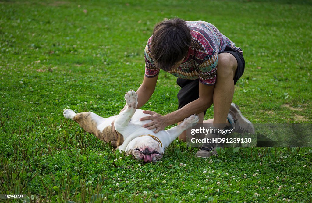 Owner rubbing his dog belly, in grass.