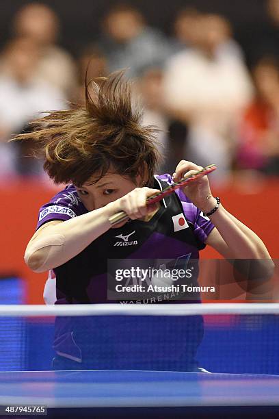 Yuka Ishigaki of Japan plays a forehand against Jie Li of Netherlands during day six of the 2014 World Team Table Tennis Championships at Yoyogi...