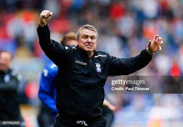 Lee Clark manager of Birmingham City celebrates as they avoid relegation after the Sky Bet Championship match between Bolton Wanderers and Birmingham...