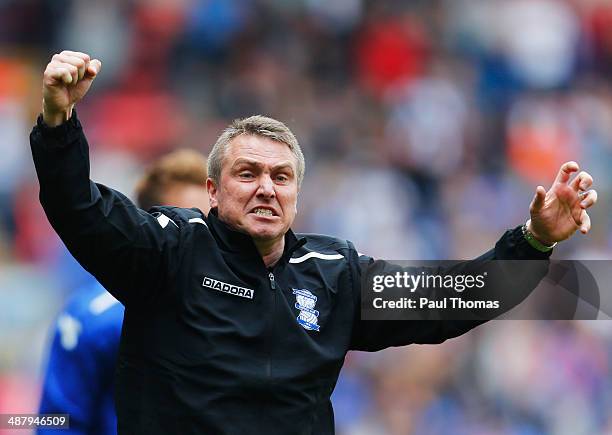 Lee Clark manager of Birmingham City celebrates as they avoid relegation after the Sky Bet Championship match between Bolton Wanderers and Birmingham...