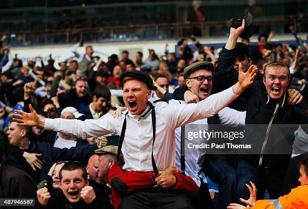 Birmingham City fans celebrate as they avoid relegation after the Sky Bet Championship match between Bolton Wanderers and Birmingham City at Reebok...