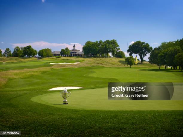 General view of the 1st hole with the Rodman Wanamaker Trophy at the future site of the 96th PGA Championship at Valhalla Golf Club on October 31,...