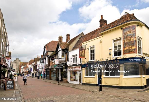 Historical Buildings and Shops in the old town center of Canterbury, Kent, South East England.