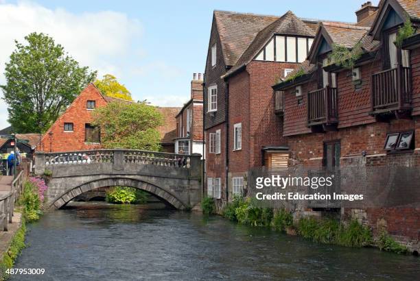 River Itchen running through the historical old town center of Winchester, Hampshire, England.