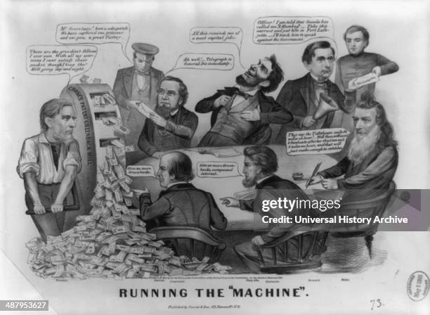 Running the "machine" by Currier & Ives. 1864. Scathing attack on the ineptness of the Lincoln administration. Cartoon derives its title from an...