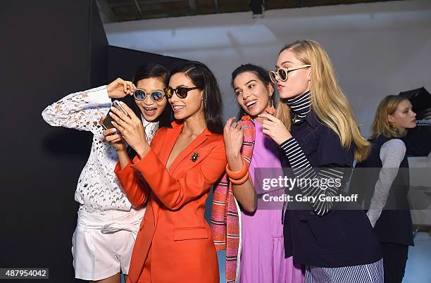 Models seen backstage prior to the Banana Republic presentation during Spring 2016 New York Fashion Week on September 12, 2015 in New York City.