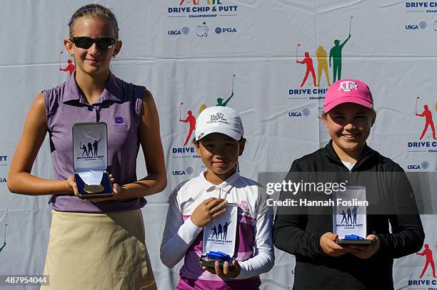 Elizabeth Howard, third place, Mackenzie Lee, first place, and Graci Henard, first place, pose for a photo after the Regional Finals in the putt for...