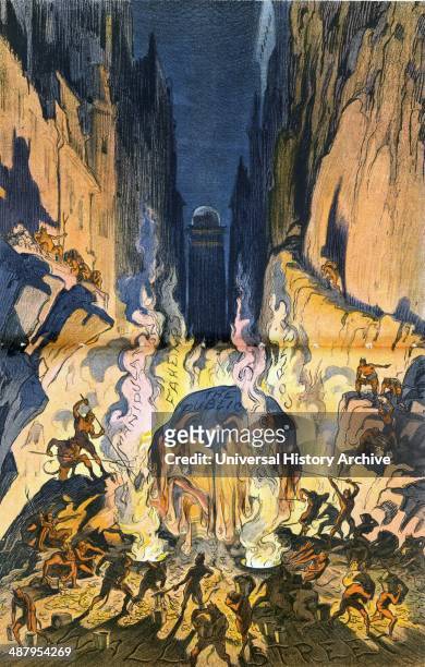 Snowball in hell - what chance has it got? by Udo Keppler, 1872-1956, artist. Published 1913. Illustration shows Hell labelled "Wall Street", where a...