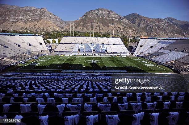 Overall view of LaVell Edwards Stadium before the game between the Boise State Broncos and Brigham Young Cougars on September 12, 2015 in Provo, Utah.