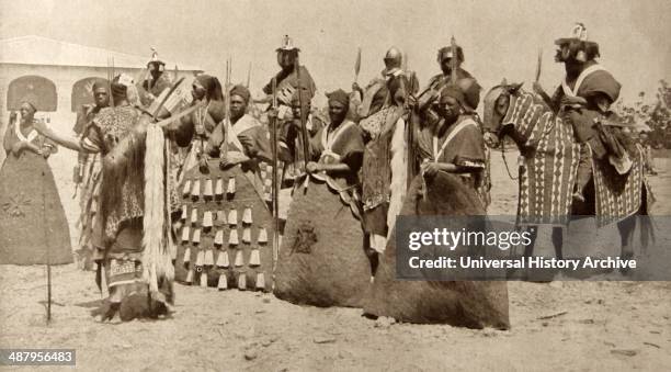 French colonial possessions in Africa during World war One, included the Cameroons. Here local chiefs meet under the protection of their bodyguards....