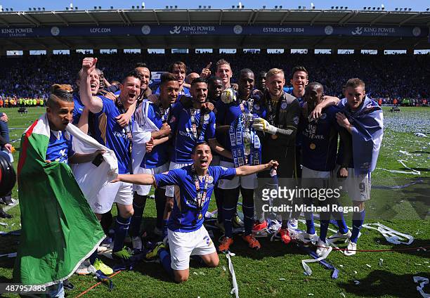 Leicester players celebrate after the Sky Bet Championship match between Leicester City and Doncaster Rovers at The King Power Stadium on May 3, 2014...