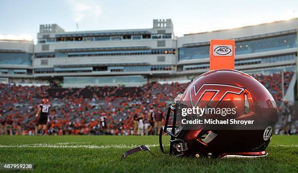 General view the Virginia Tech Hokies special "Orange Effect" helmet prior to the game against the Ohio State Buckeyes at Lane Stadium on September...