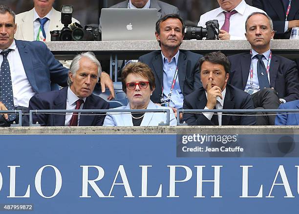 Billie Jean King seats between the President of the Italian Olympic Committee Giovanni Malago and the Prime Minister of Italy Matteo Renzi during the...