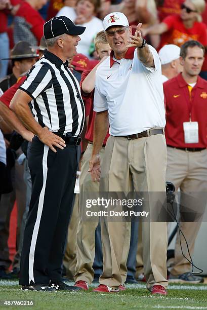 Head coach Paul Rhoads of the Iowa State Cyclones argues a call with the referee in the second half of play against the Iowa Hawkeyes at Jack Trice...