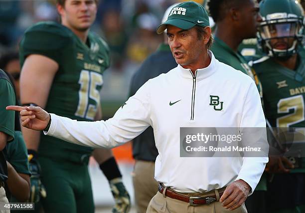 Head coach Art Briles of the Baylor Bears before a game against the Lamar Cardinals at McLane Stadium on September 12, 2015 in Waco, Texas.