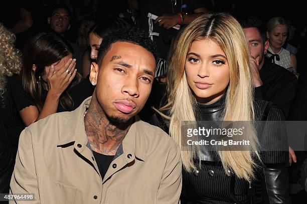 Tyga and Kylie Jenner attend the Alexander Wang Spring 2016 fashion show during New York Fashion Week at Pier 94 on September 12, 2015 in New York...