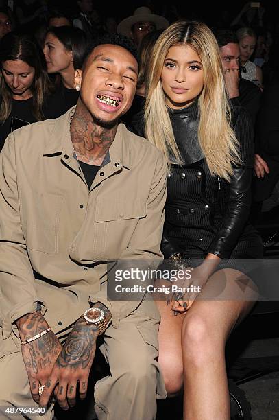Tyga and Kylie Jenner attend the Alexander Wang Spring 2016 fashion show during New York Fashion Week at Pier 94 on September 12, 2015 in New York...
