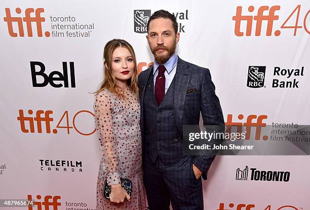 Actors Emily Browning and Tom Hardy attends the "Legend" gala screening during the 2015 Toronto International Film Festival at Roy Thomson Hall on...