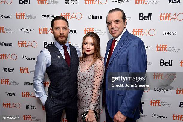 Actors Tom Hardy, Emily Browning and Chazz Palminteri attend the "Legend" gala screening during the 2015 Toronto International Film Festival at Roy...