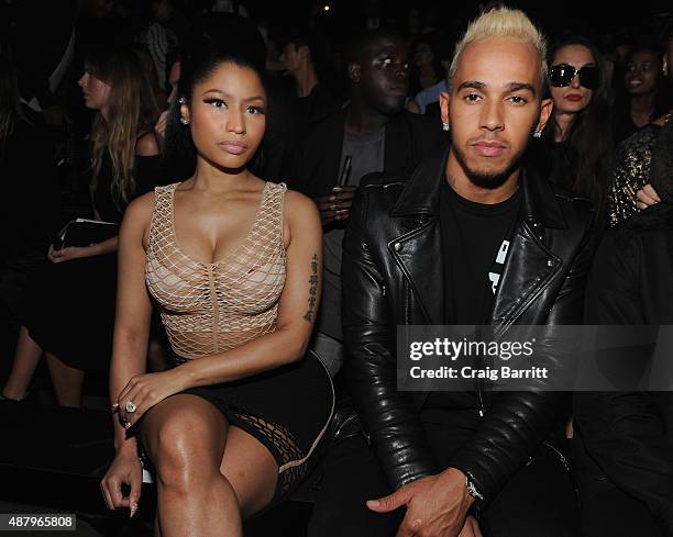 Nicki Minaj and Lewis Hamilton attend the Alexander Wang Spring 2016 fashion show during New York Fashion Week at Pier 94 on September 12, 2015 in...